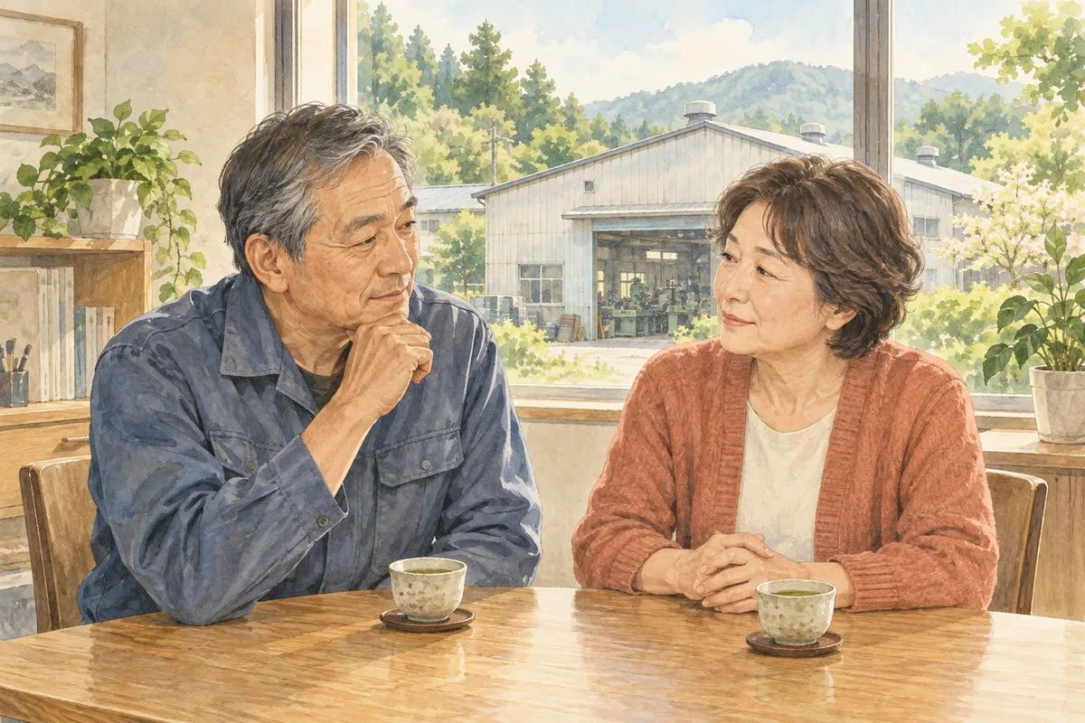 工場が見える窓辺で、お茶を前に穏やかに話す夫婦のイラスト