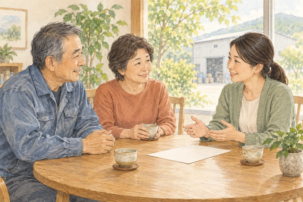 相談者の夫婦と同じ目線で話を聞く相談員のイラスト