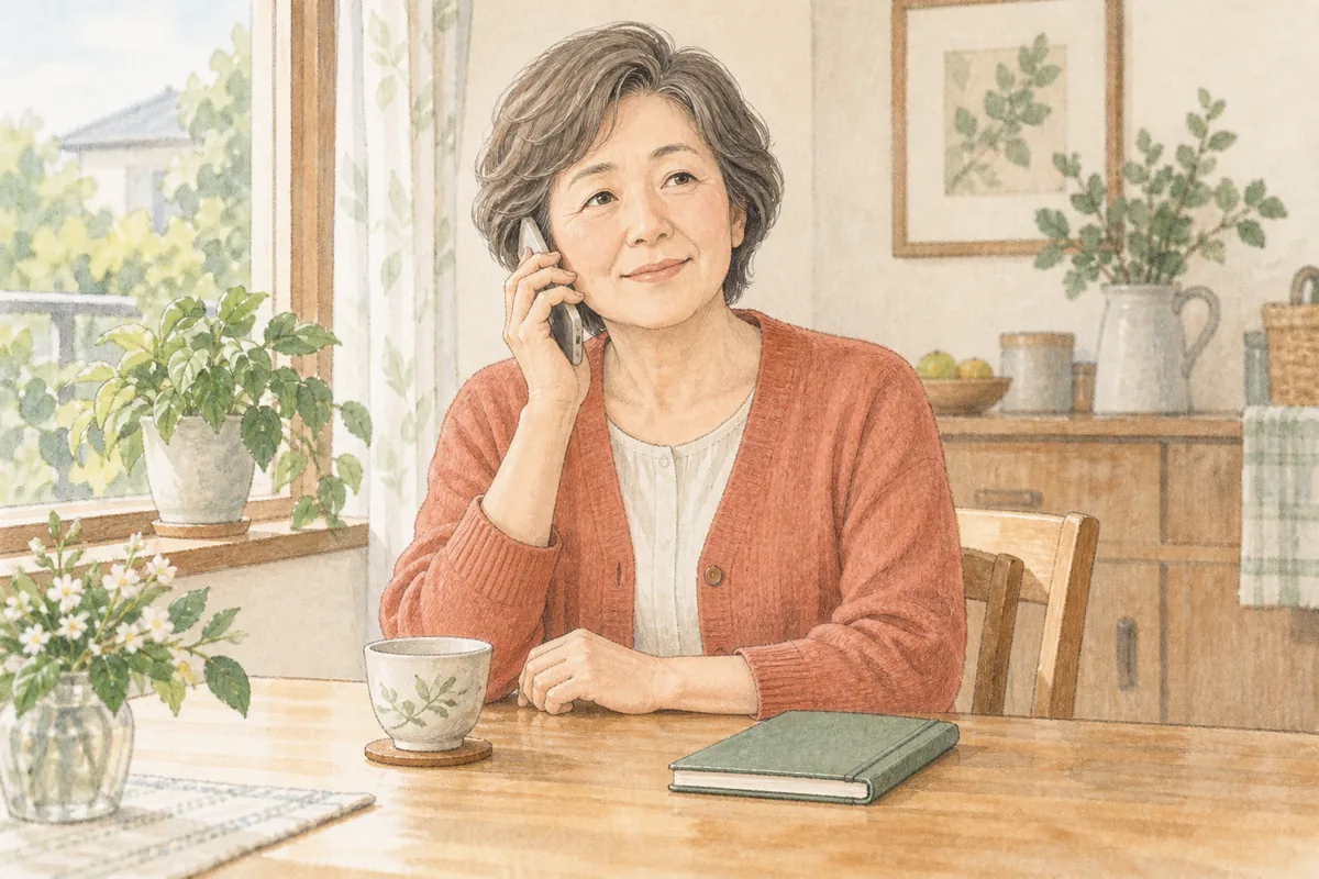自宅でお茶を前に電話相談する配偶者のイラスト